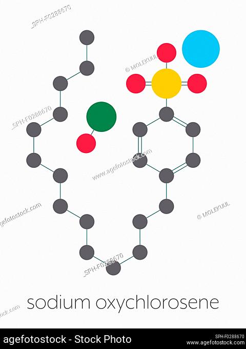 Sodium oxychlorosene antiseptic molecule. Stylized skeletal formula (chemical structure): Atoms are shown as color-coded circles connected by thin bonds