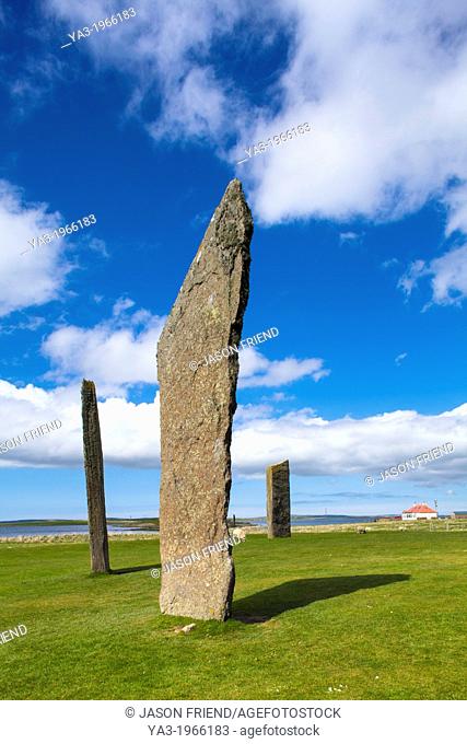 Scotland, Orkney Islands, Standing Stones of Stenness. The Standing Stones of Stenness, a Neolithic stone circle monument on the mainland of Orkney, Scotland