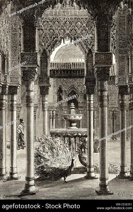 Courtyard of the lions Alhambra Nazaries palaces, Granada. Andalusia, Spain, Europe. Old 19th century engraved illustration, El Mundo en la Mano 1878