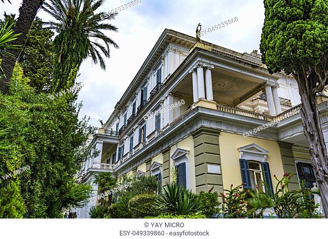 Achilleion palace, Corfu. The Achilleion Palace can be found in the Village of Gastouri, 10 km south west of the town of Corfu