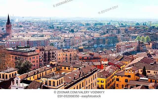 travel to Italy - above view of Verona town with lungadige street from tower Torre dei Lamberti in spring