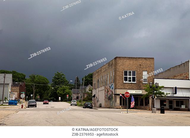 Summer storm brewing over downtown Ludington, Michigan, MI, USA