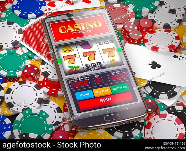 Online casino. Slot machine on smartphone screen, dice, casino chips and cards. 3d illustration
