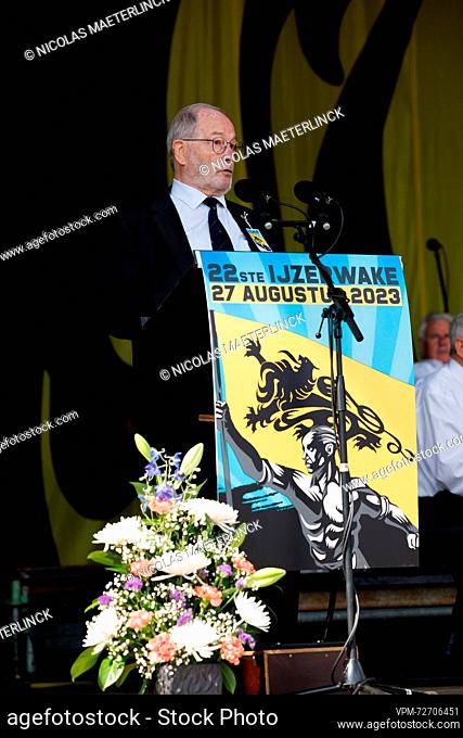 Ijzerwake's chairman Wim De Wit delivers a speech at the 'IJzerwake' radical Flemish far-right gathering at the 'Gebroeders Van Raemdonck Monument' in Ieper...