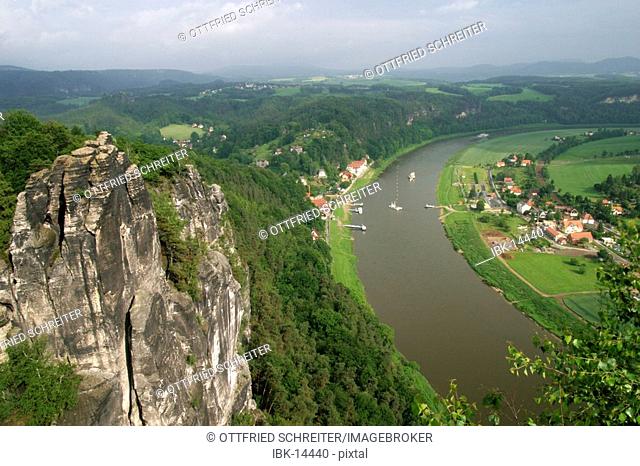 Germany, Saxony, Sandstone rocks, Saxony swiss. View from the Bastei to the sandstone rocks and the valley with the river Elbe