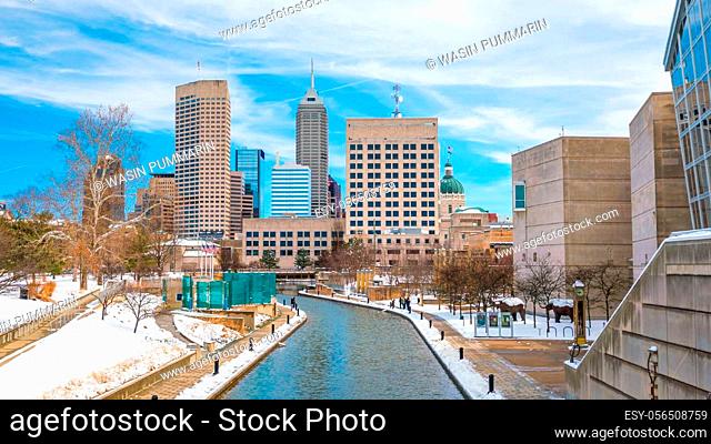 Downtown Indianapolis skyline with blue sky in USA