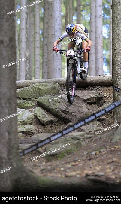 Pauline Ferrand-Prevot from France competes in women's Elite category during Mountain Bike World Cup cross-country event in Nove Mesto na Morave, Czech Republic