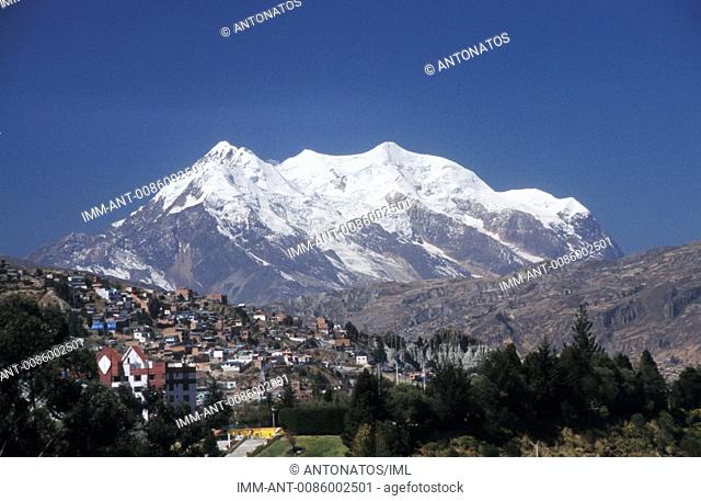 View of the mountain Illimani from the city La Paz, Bolivia, South America