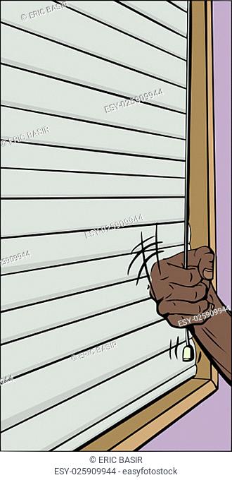 Illustration of single hand pulling horizontal blinds cord