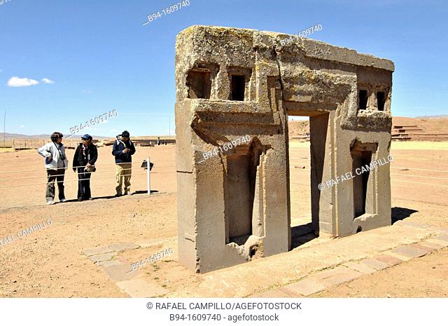 So-called Gate of the Sun is a megalithic solid stone arch or gateway constructed by the ancient Tiwanaku culture of Bolivia over 1500 years before the present