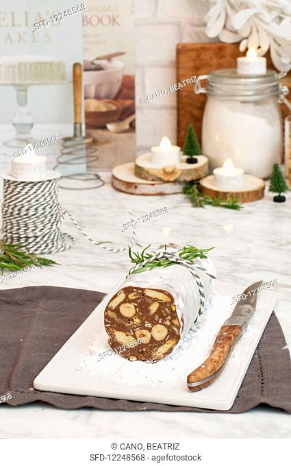 Chocolate salami with nuts for Christmas
