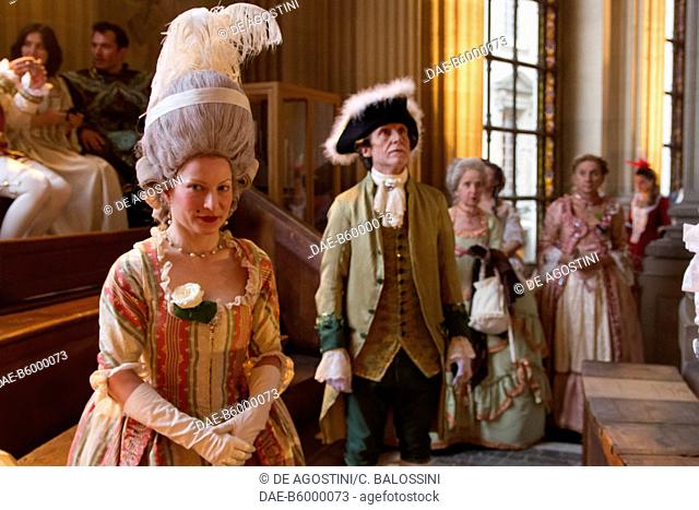 Nobles in the Royal chapel, courtship party (Fete galante) with participants wearing clothes from the Louis XIV period, Palace of Versailles, France