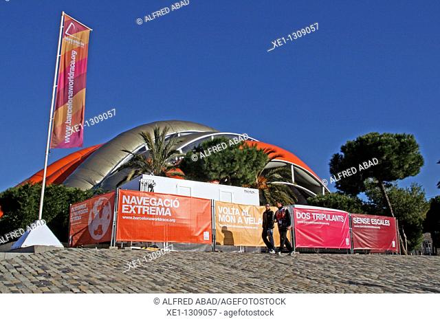 World Race'11 canvas tent and banners, Port Vell, Barcelona, Catalonia, Spain