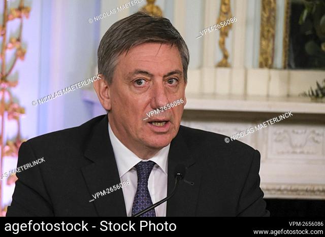 Flemish Minister President Jan Jambon pictured during a press conference of the Flemish government, concerning the vaccination programme in Flanders