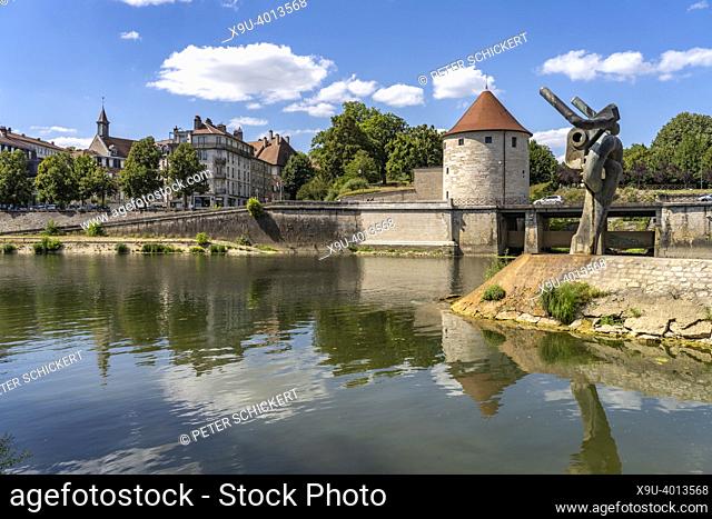 Le Minotaure sculpture and Ball Tower Tour de la Pelote at the Doubs river, Besancon, Bourgogne-Franche-Comté, France, Europe