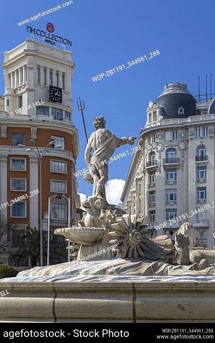 View of the Neptune Fountain in Plaza Canovas del Castillo, Madrid, Spain, Europe