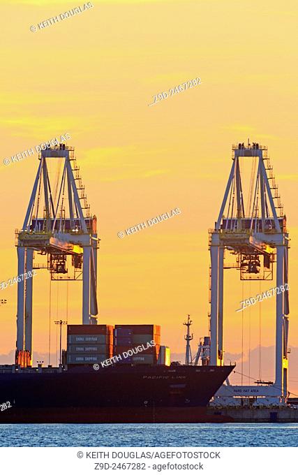 Container cranes atsunset, Deltaport container terminal, Roberts Bank, British Columbia