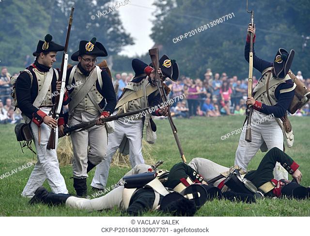 History enthusiasts dressed in regimental costumes perform during the Napoleonic Games at chateau Slavkov, Czech Republic, August 13, 2016