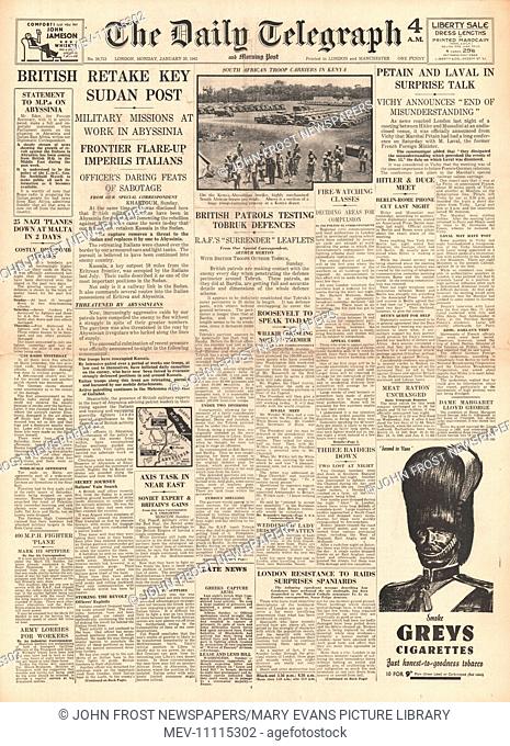 1941 front page Daily Telegraph British re-capture Kassala in Sudan and Petain and Laval in talks