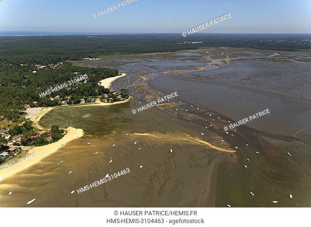 France, Gironde, Bassin d'Arcachon, Cap Ferret, beaches of Claouey and Jane de Boy and esteys drawn by the channel of the Etangs at low tide (aerial view)