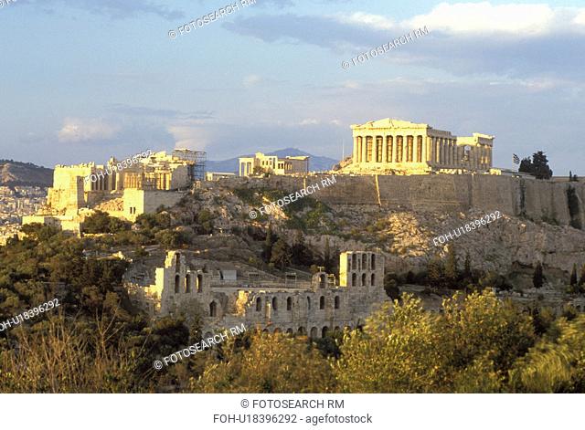 Acropolis, Athens, Greece, Europe, View of the Acropolis from Filopappos Hill at sunset