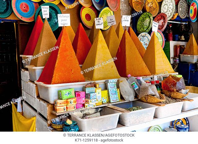 A display of pyramid shaped spices in the souq of Essaouira, Morocco