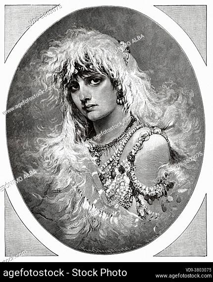 Beautiful young 19th century woman dressed for the new year party. Old 19th century engraved illustration from El Mundo Ilustrado 1879