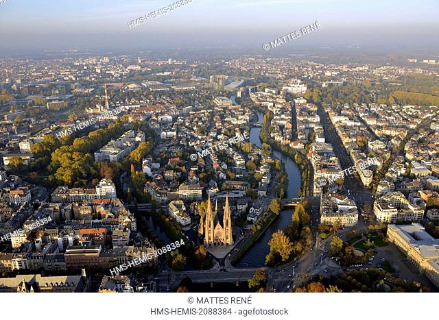 France, Bas Rhin, Strasbourg, old town listed as World Heritage by UNESCO, St Paul church and Ill river (aerial view)