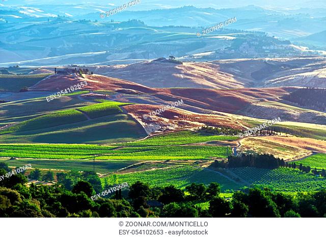 VAL D'ORCIA, ITALY - JUNE 11, 2017: Landscape view of Val d'Orcia, Tuscany, Italy. UNESCO World Heritage Site