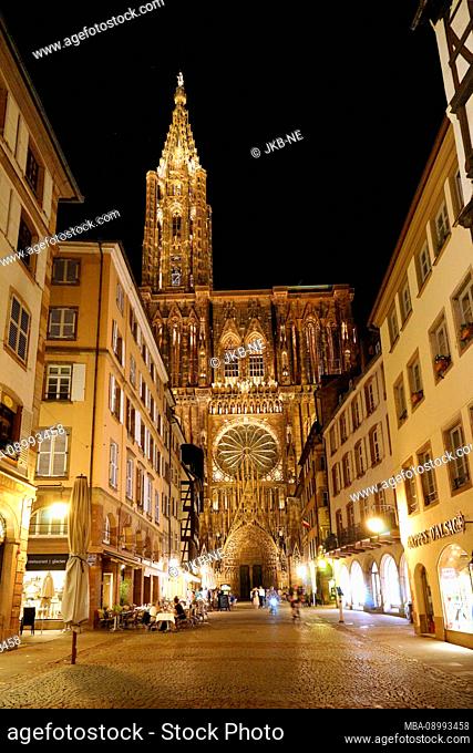 France, Alsace, Strasbourg, view from Rue Merciere to Strasbourg Cathedral, in the evening, illuminated
