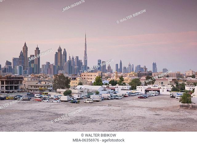 UAE, Dubai, Jumeira, skyscrapers along Sheikh Zayed Road, skyline from Jumeira, dawn