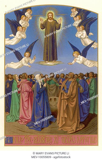 Mary and the apostles watch in amazement as Jesus returns to Heaven