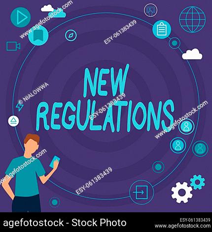 Writing displaying text New Regulations, Word Written on Regulation controlling the activity usually used by rules. Businessman Innovative Thinking Leading...