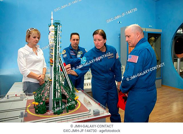 At the Space Museum in the town of Baikonur, Kazakhstan, Expedition 53-54 backup crewmembers Anton Shkaplerov of Roscosmos (second from left)