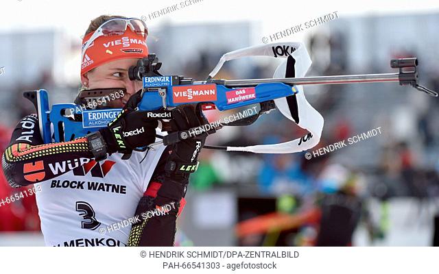 German Vanessa Hinz at the shooting range during the zeroing before the Women 15km Individual competition at the Biathlon World Championships