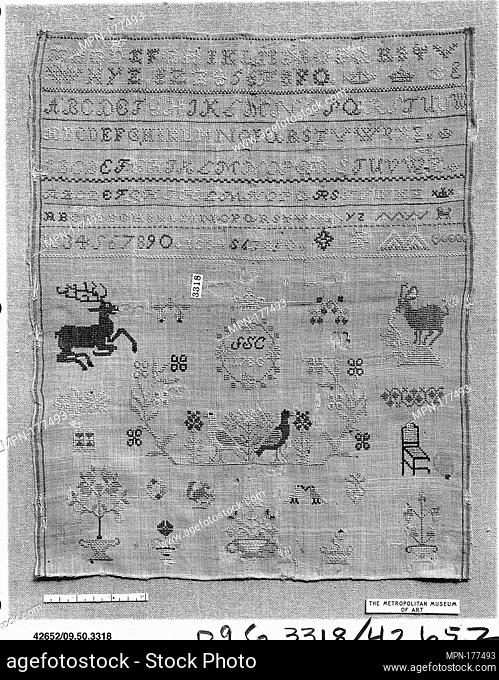 Sampler. Date: 1780; Culture: German; Medium: Silk on linen canvas; Dimensions: H. 15 3/4 x W. 12 5/8 inches (40 x 32.1 cm); Classification:...