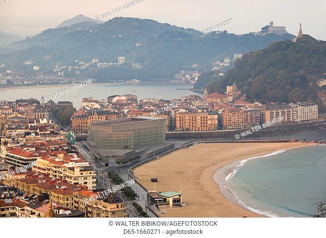 Spain, Basque Country Region, Guipuzcoa Province, San Sebastian, elevated view of town and Kursaal convention center from Monte Ulia, dawn