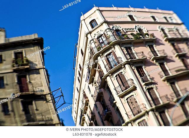 Corner building in Barceloneta distrtict Barcelona Catalonia Spain Selective focus