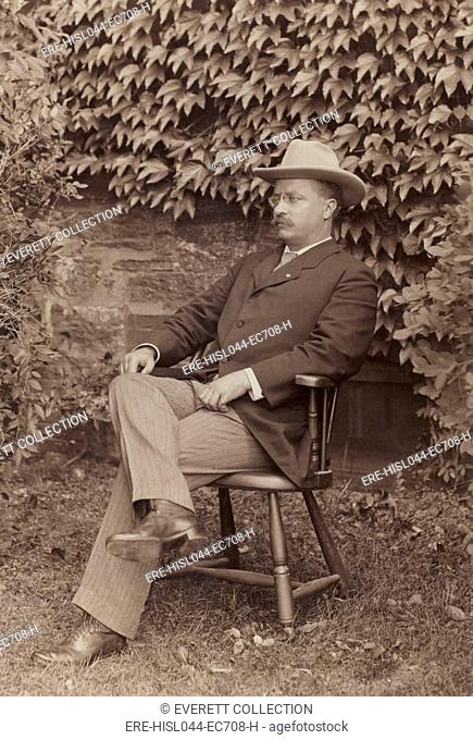 New York Governor Theodore Roosevelt in informal portrait of July-August 1900. He is seated in front of an ivy covered wall, at his Long Island home