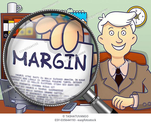Margin. Young Businessman in Office Workplace Showing Paper with Text through Lens. Colored Modern Line Illustration in Doodle Style