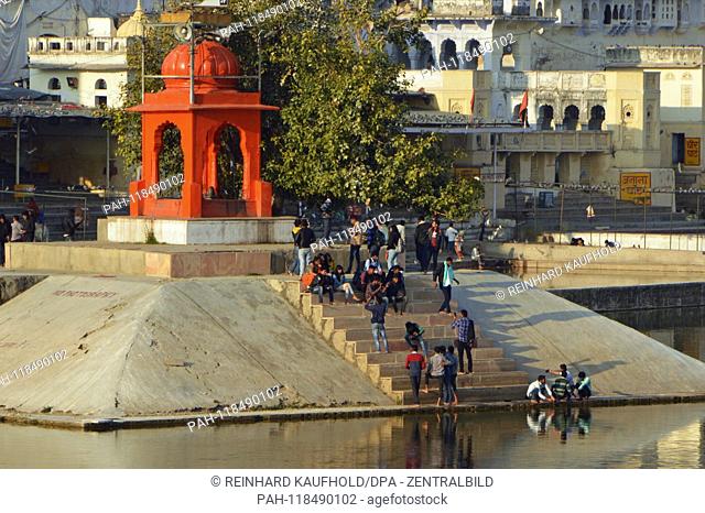 Stairs on the holy lake of Pushkar (also known as white town) in North India - prayers and pilgrims come to its shores, recorded on 03.02