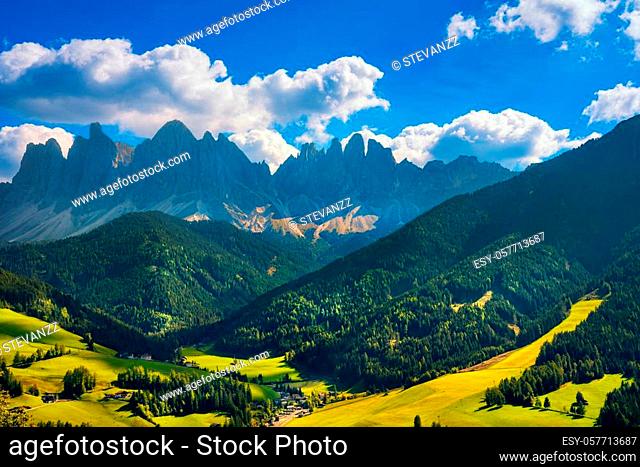 Funes Valley aerial view and Odle mountains, Dolomites Alps. Trentino Alto Adige Sud Tyrol, Italy, Europe