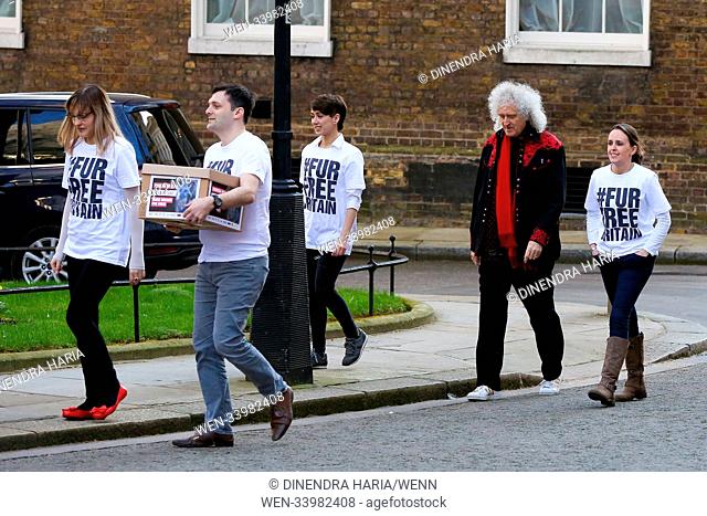 Queen guitarist Brian May alone with animal-protection campaigners including two wearing giant papier mâché fox and rabbit heads on the steps of 10 Downing...