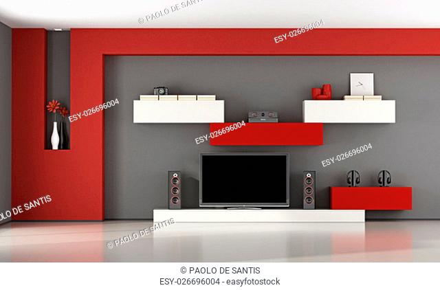 Red and gray living room with wall unit and television set - 3d rendering