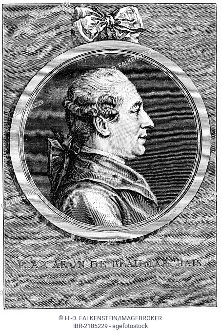 Historical print from the 19th century, portrait of Pierre-Augustin Caron de Beaumarchais, 1732 - 1799, a French entrepreneur and writer