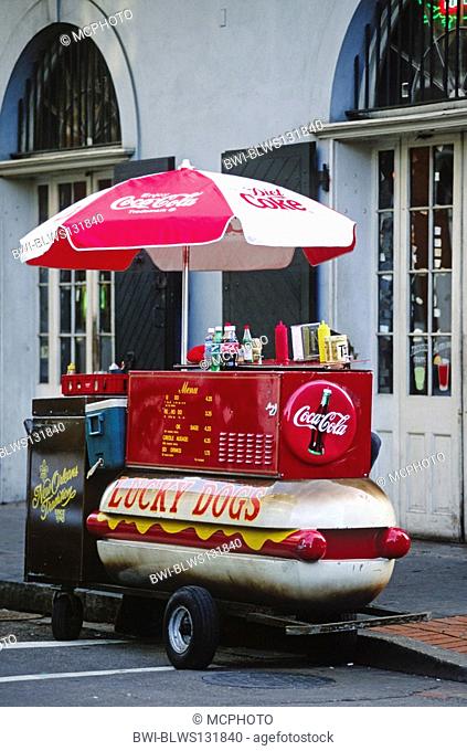 Lucky Dogs hot dog stand on Bourbon Street in the French Quarter, USA, Louisiana, New Orleans