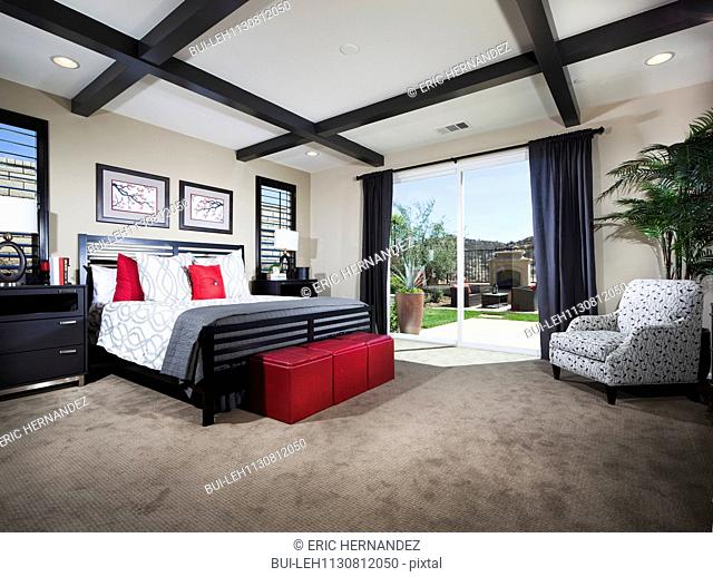 Master bed with coffered ceiling; Valencia; California; USA