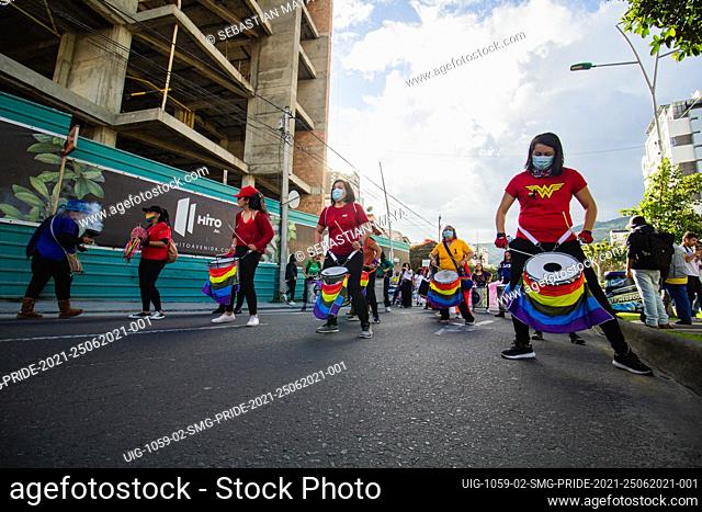 Members of an LGTBQ batucada drum group participate during the annual celebreation of the Pride Parade in demand of LGTBQ rights in Colombia in Pasto