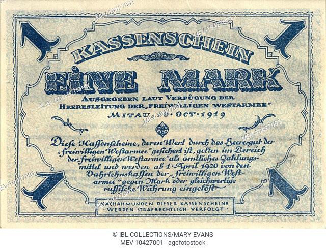 Remittance on 1 Mark edited for the voluntary allied army in Mitau 10/10 1919 Front. The text on the backside is in Russian