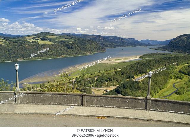 , roadway and Columbia River gorge Crown Point Vista House Oregon Historic Columbia River Scenic Highway corridor byway hwy 30 OR